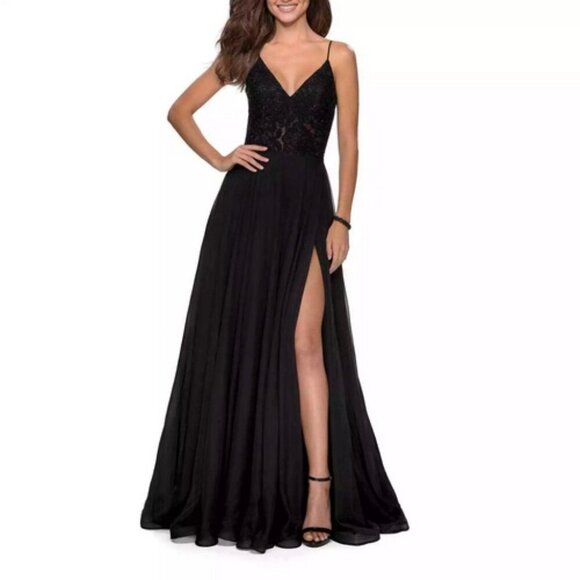 La Femme Black Sparkle Lace Chiffon Gown